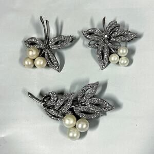 3 Vintage Faux Pearl + Rhinestones + Silver Tone  Leaf Brooches Pin 1.5” - 2”